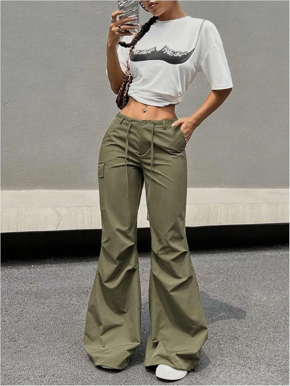 OYOANGLE Women's Drawstring Low Waist Y2K Cargo Pants Streetwear Baggy Pants Joggers Parachute Trousers