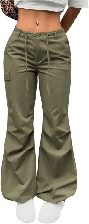 OYOANGLE Women's Drawstring Low Waist Y2K Cargo Pants Streetwear Baggy Pants Joggers Parachute Trousers