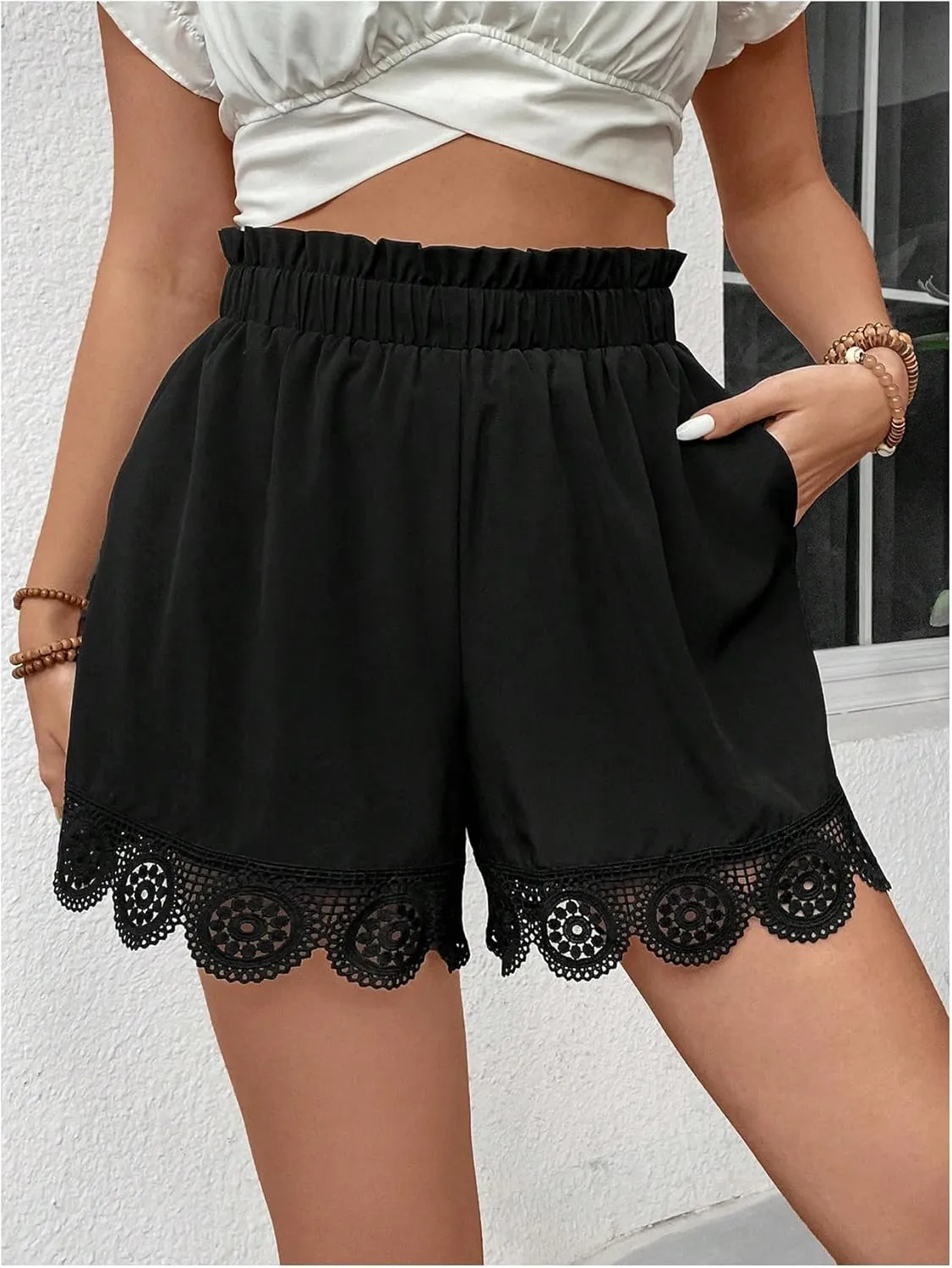 OYOANGLE Women's Plus Size Lace Embroidery Elastic High Waist Shorts Casual Wide Leg Shorts with Pocket