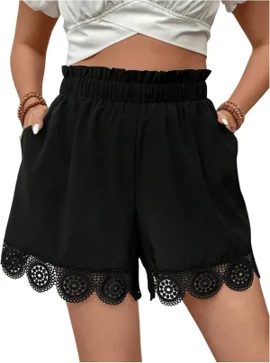 OYOANGLE Women's Plus Size Lace Embroidery Elastic High Waist Shorts Casual Wide Leg Shorts with Pocket