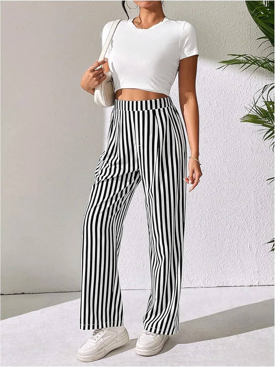 OYOANGLE Women's Striped High Elastic Waisted Pants Straight Leg Loose Fit Casual Long Pants Trousers