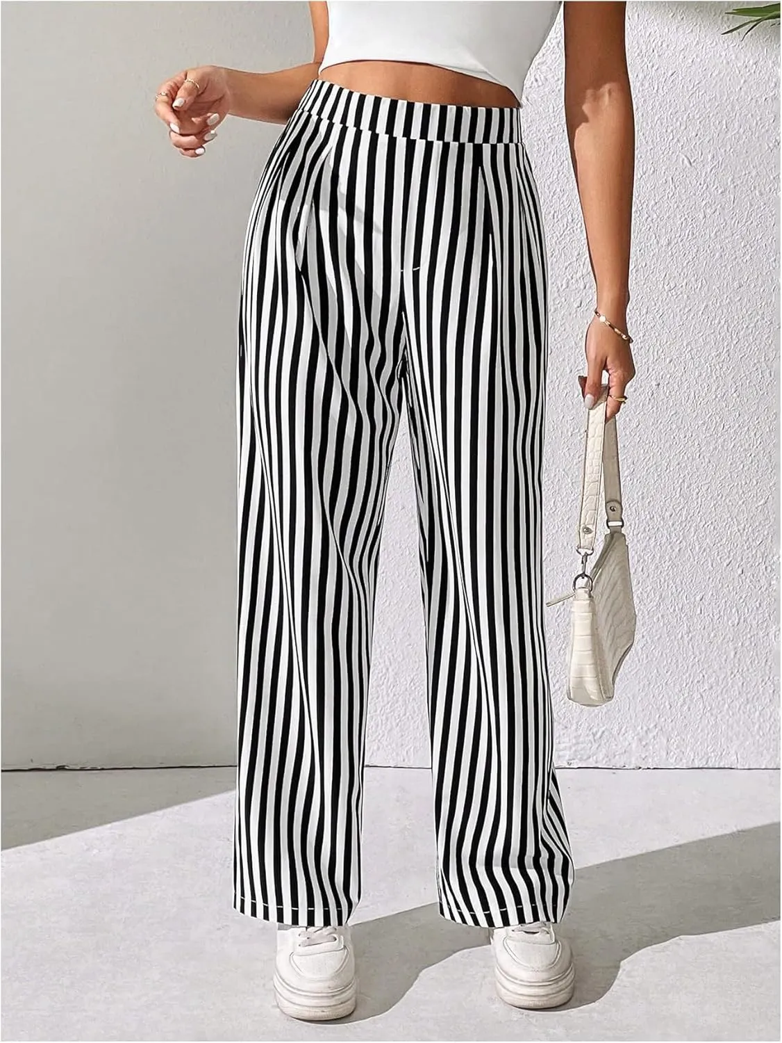 OYOANGLE Women's Striped High Elastic Waisted Pants Straight Leg Loose Fit Casual Long Pants Trousers