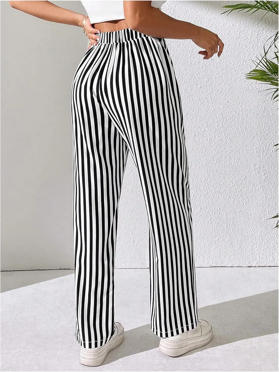 OYOANGLE Women's Striped High Elastic Waisted Pants Straight Leg Loose Fit Casual Long Pants Trousers
