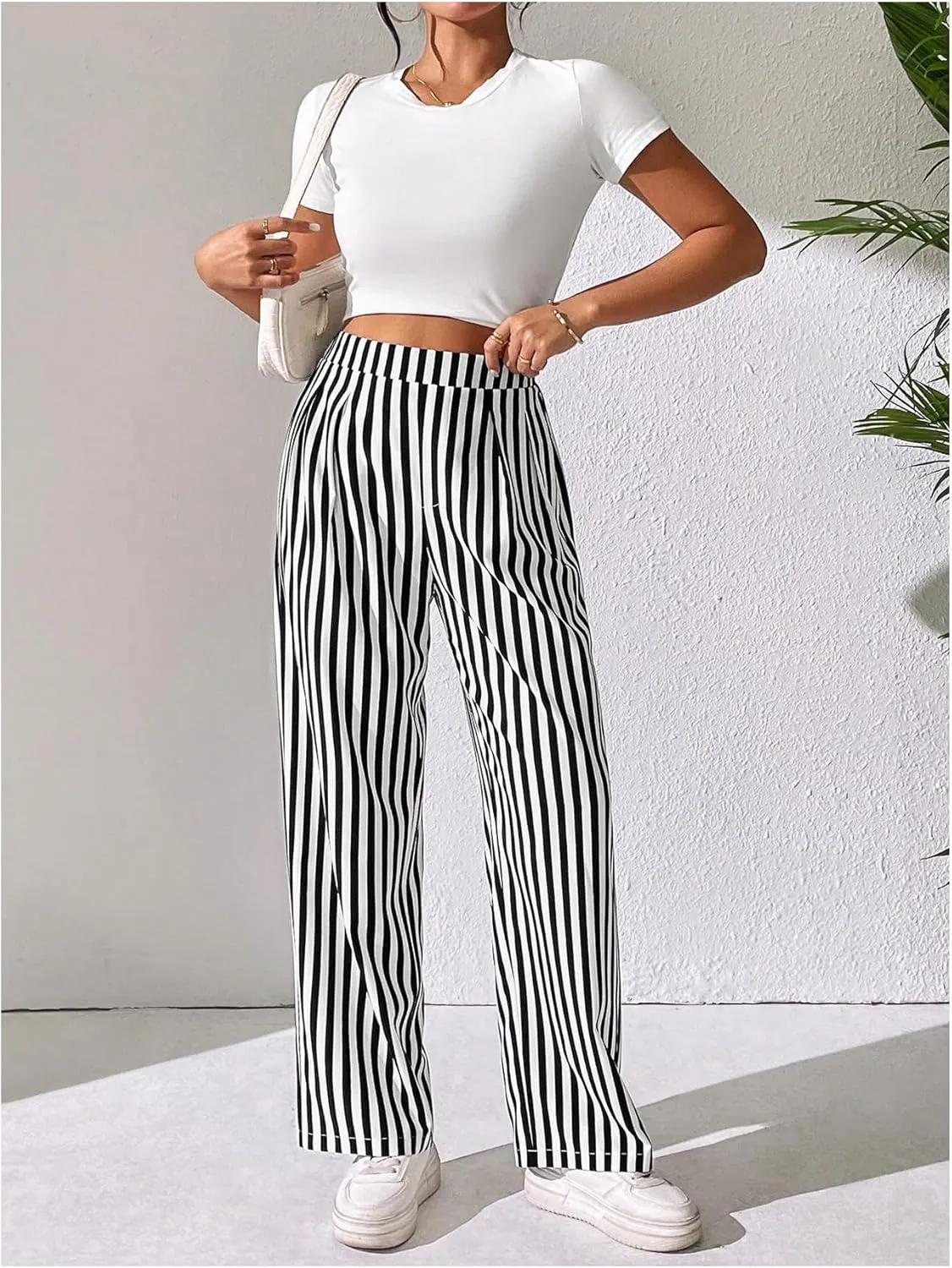 OYOANGLE Women's Striped High Elastic Waisted Pants Straight Leg Loose Fit Casual Long Pants Trousers