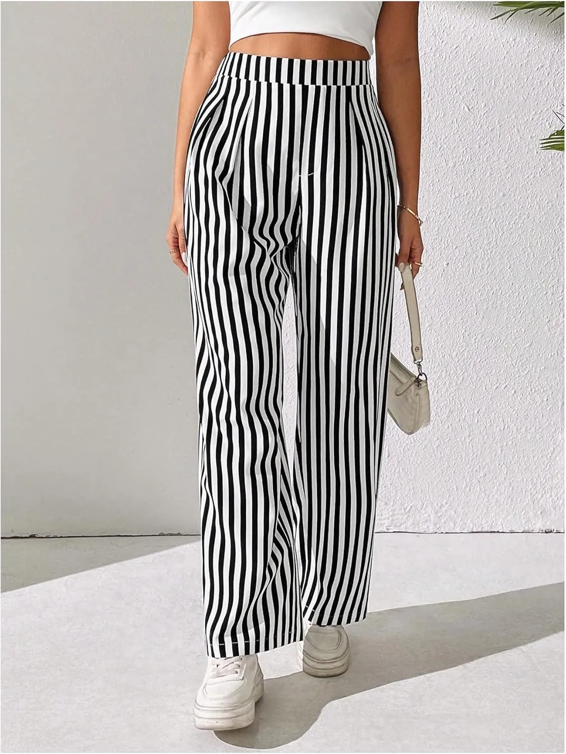 OYOANGLE Women's Striped High Elastic Waisted Pants Straight Leg Loose Fit Casual Long Pants Trousers