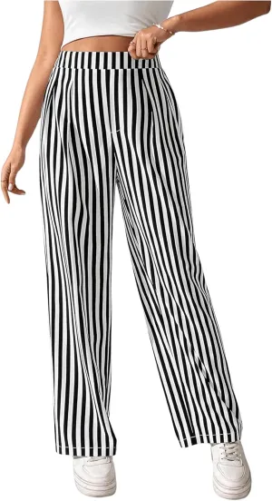 OYOANGLE Women's Striped High Elastic Waisted Pants Straight Leg Loose Fit Casual Long Pants Trousers