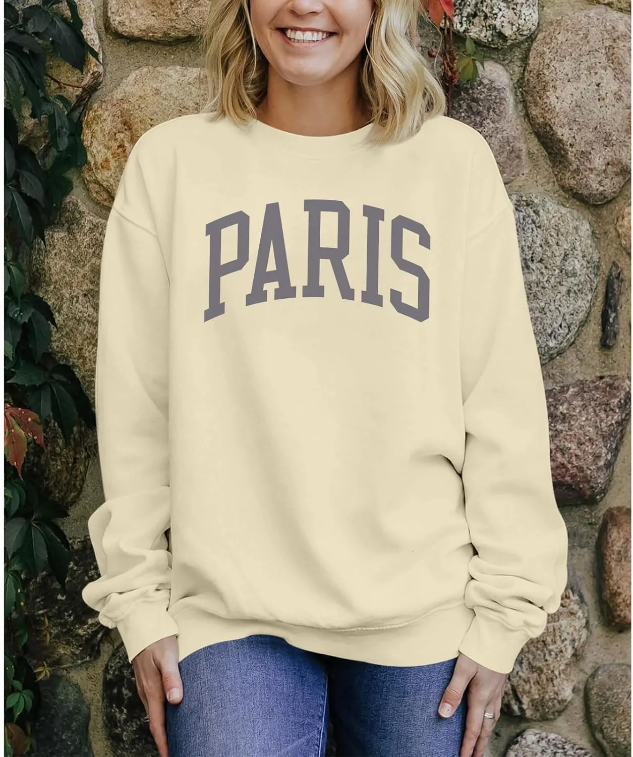Paris France College Sweatshirt for Women Oversized Letter Graphic Preppy Shirts Crewneck Long Sleeve Pullover Tops