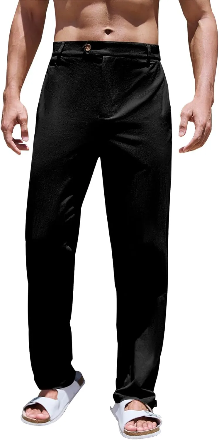 PASLTER Mens Cotton Linen Loose Pant Casual Lightweight Flat-Front Trouser Yoga Beach Pants for Men