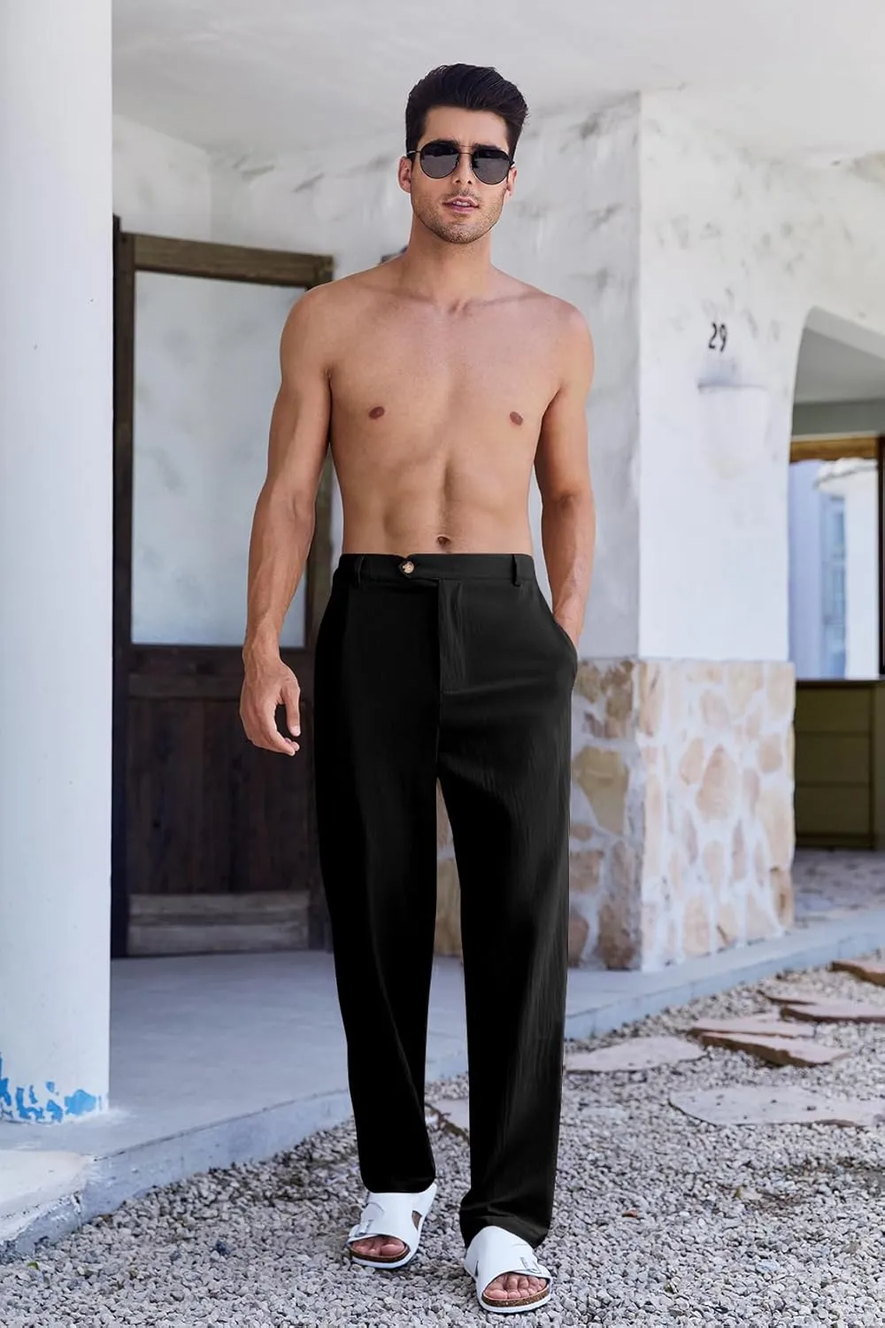 PASLTER Mens Cotton Linen Loose Pant Casual Lightweight Flat-Front Trouser Yoga Beach Pants for Men