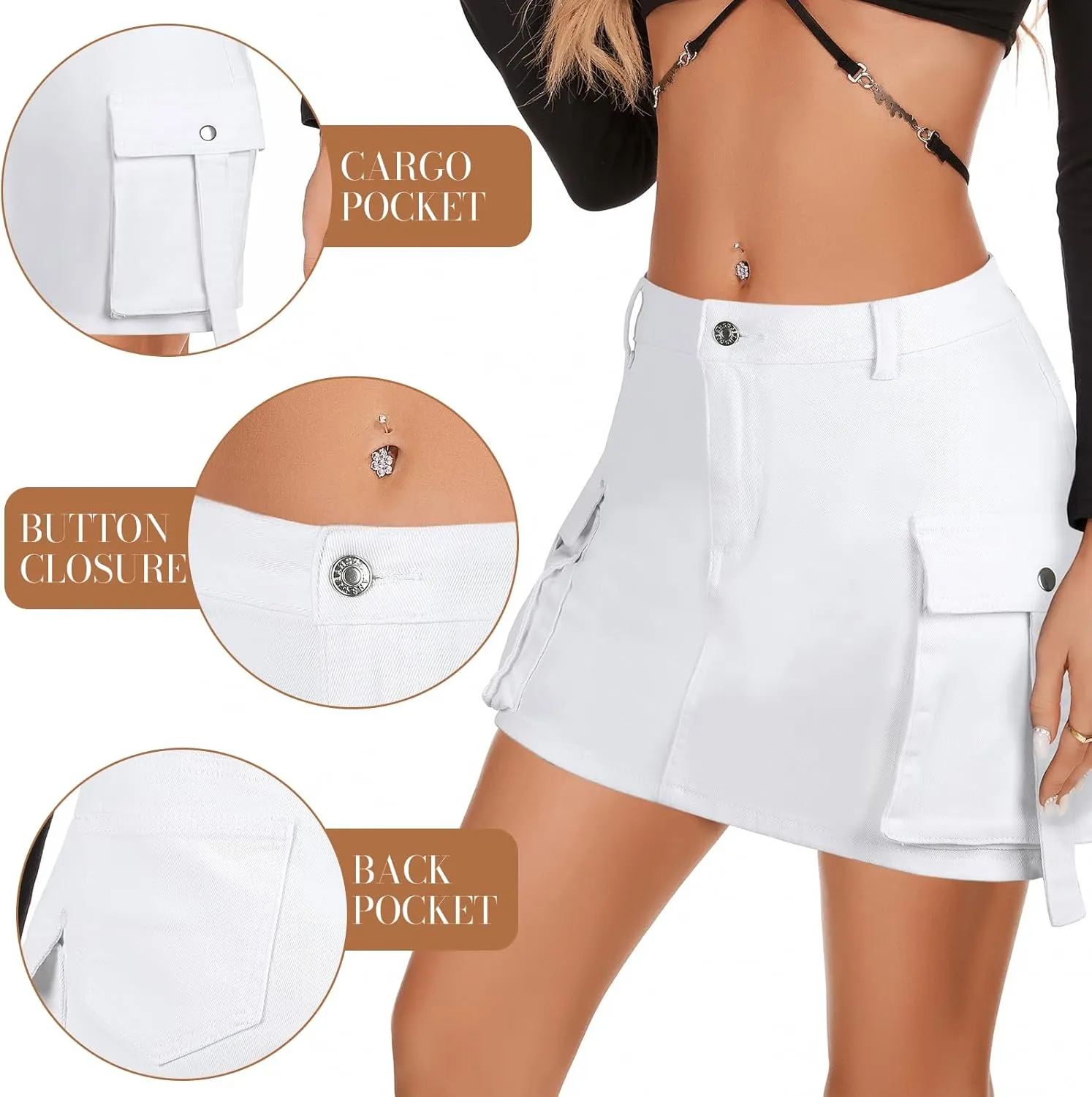 PEIQI Sexy High Waist Cargo Skirt for Women Stretchy Button Mini Cargo Denim Skirt with Pockets
