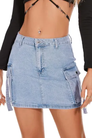 PEIQI Sexy High Waist Cargo Skirt for Women Stretchy Button Mini Cargo Denim Skirt with Pockets