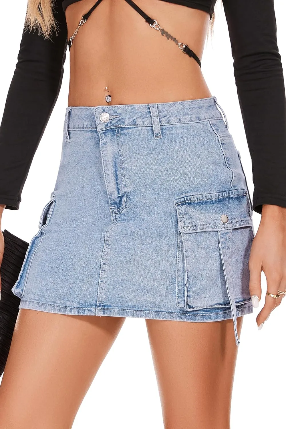 PEIQI Sexy High Waist Cargo Skirt for Women Stretchy Button Mini Cargo Denim Skirt with Pockets