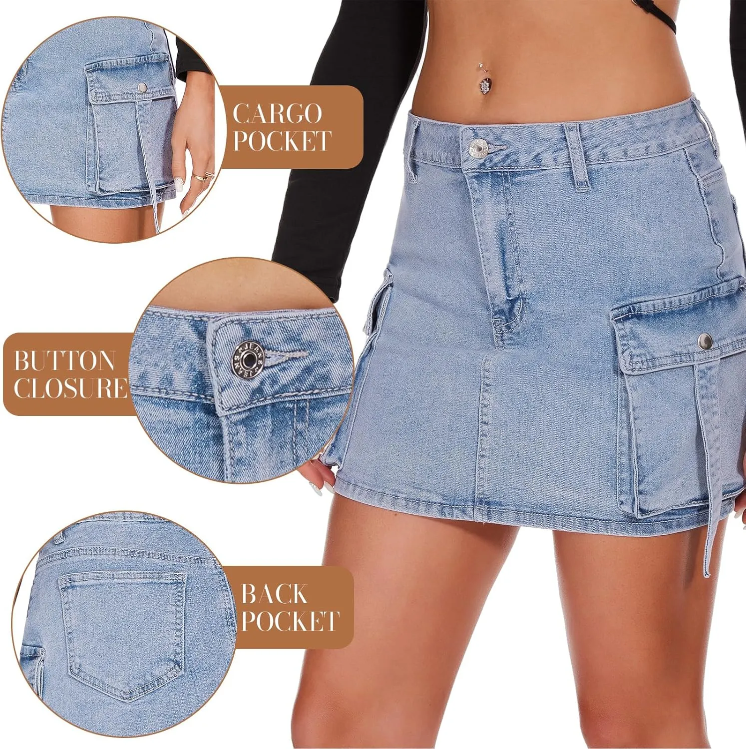 PEIQI Sexy High Waist Cargo Skirt for Women Stretchy Button Mini Cargo Denim Skirt with Pockets