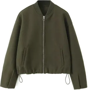 Perbai Women's Casual Oversized Wool Blend Bomber Jacket Zip Up Long Sleeve Varsity Coat with Pockets