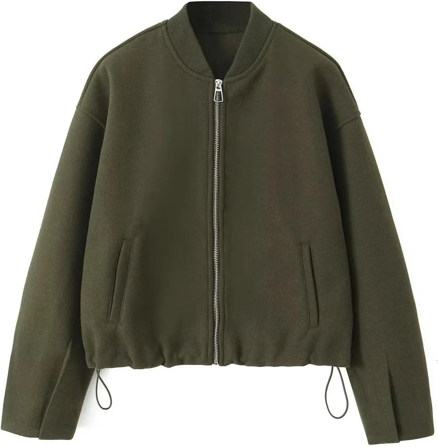 Perbai Women's Casual Oversized Wool Blend Bomber Jacket Zip Up Long Sleeve Varsity Coat with Pockets