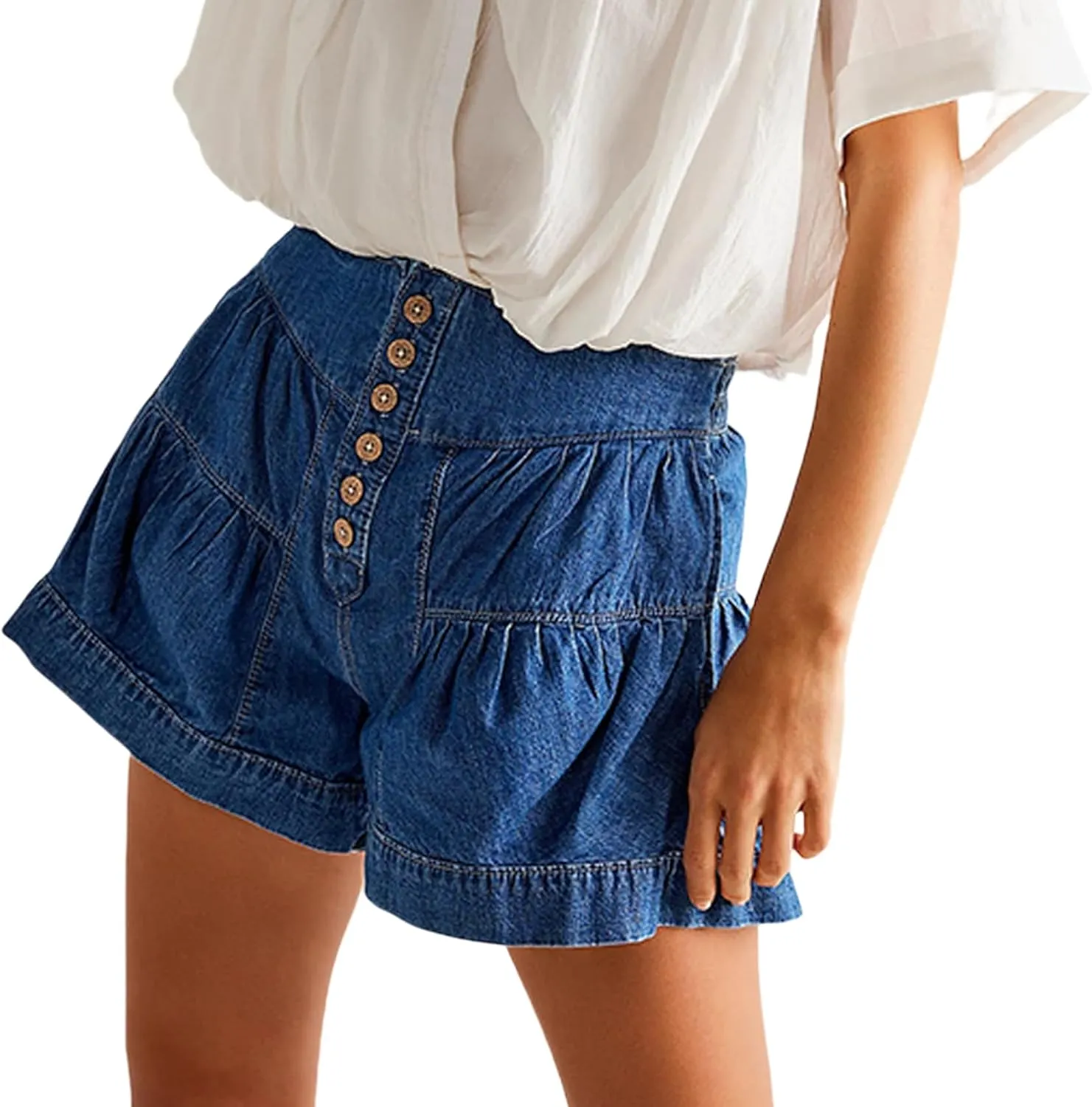 Perbai Womens Cute Ruffle Hem Pleated Denim Shorts High Waisted Wide Leg Button Flowy Jean Shorts with Pockets