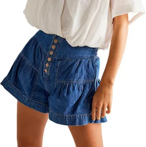 Perbai Womens Cute Ruffle Hem Pleated Denim Shorts High Waisted Wide Leg Button Flowy Jean Shorts with Pockets