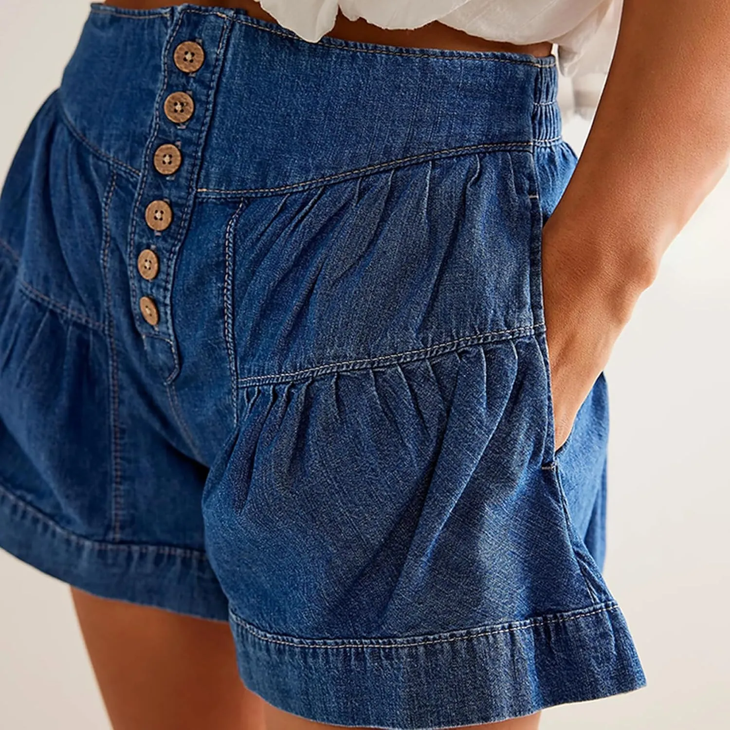 Perbai Womens Cute Ruffle Hem Pleated Denim Shorts High Waisted Wide Leg Button Flowy Jean Shorts with Pockets