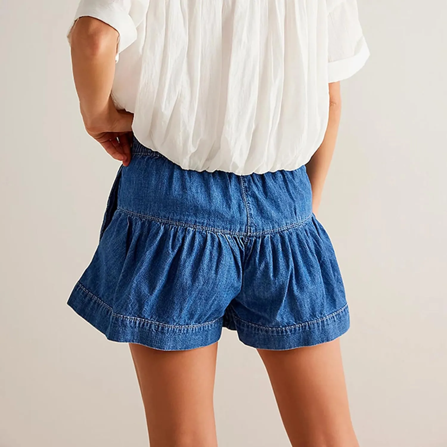 Perbai Womens Cute Ruffle Hem Pleated Denim Shorts High Waisted Wide Leg Button Flowy Jean Shorts with Pockets