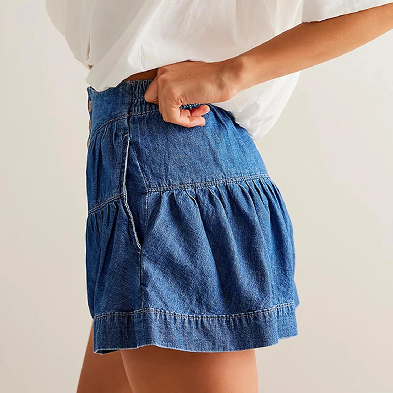 Perbai Womens Cute Ruffle Hem Pleated Denim Shorts High Waisted Wide Leg Button Flowy Jean Shorts with Pockets