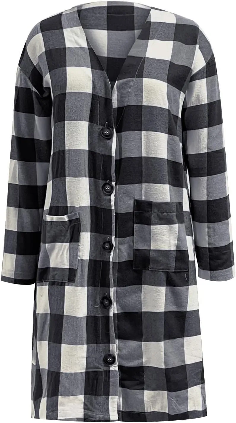 Plaid Jackets for Women Lapel Button Down Shacket Wool Blend Coat with Pockets Long Sleeve Vintage Outerwear