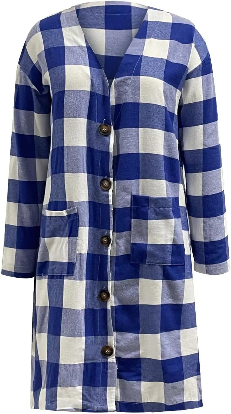 Plaid Jackets for Women Lapel Button Down Shacket Wool Blend Coat with Pockets Long Sleeve Vintage Outerwear