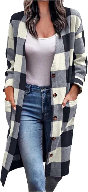 Plaid Jackets for Women Lapel Button Down Shacket Wool Blend Coat with Pockets Long Sleeve Vintage Outerwear
