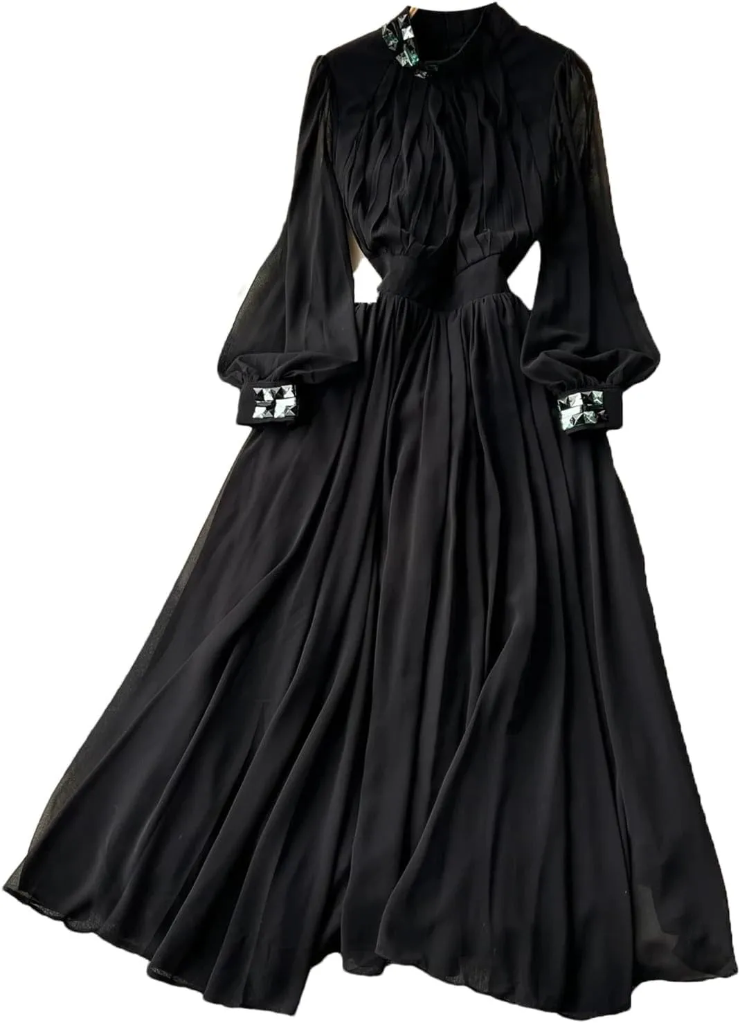 Pleated Big Swing Dress Stand Collar Lantern Long Sleeve Women Dresses