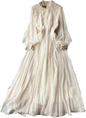 Pleated Big Swing Dress Stand Collar Lantern Long Sleeve Women Dresses