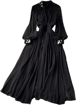 Pleated Big Swing Dress Stand Collar Lantern Long Sleeve Women Dresses