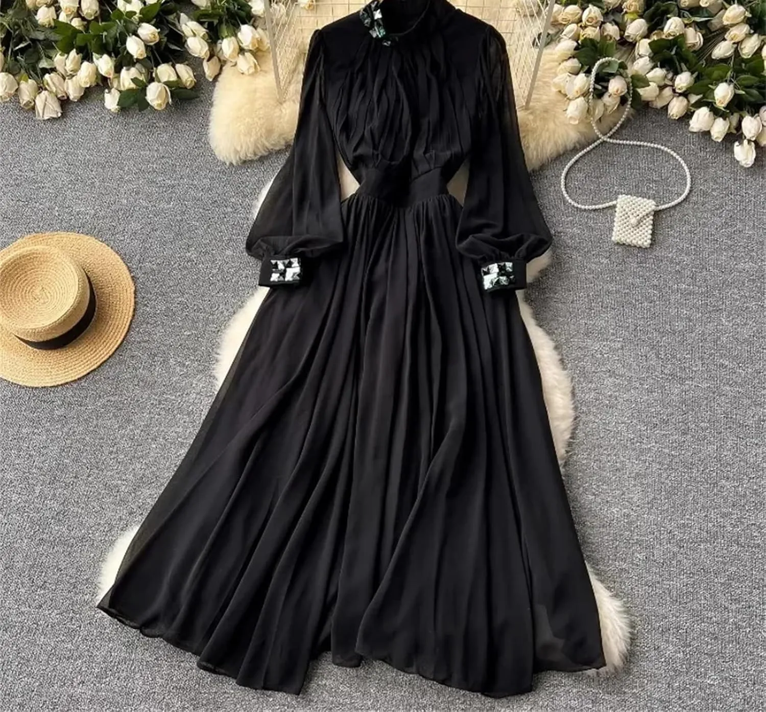 Pleated Big Swing Dress Stand Collar Lantern Long Sleeve Women Dresses