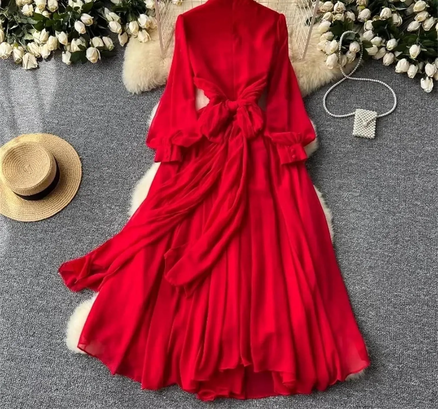 Pleated Big Swing Dress Stand Collar Lantern Long Sleeve Women Dresses