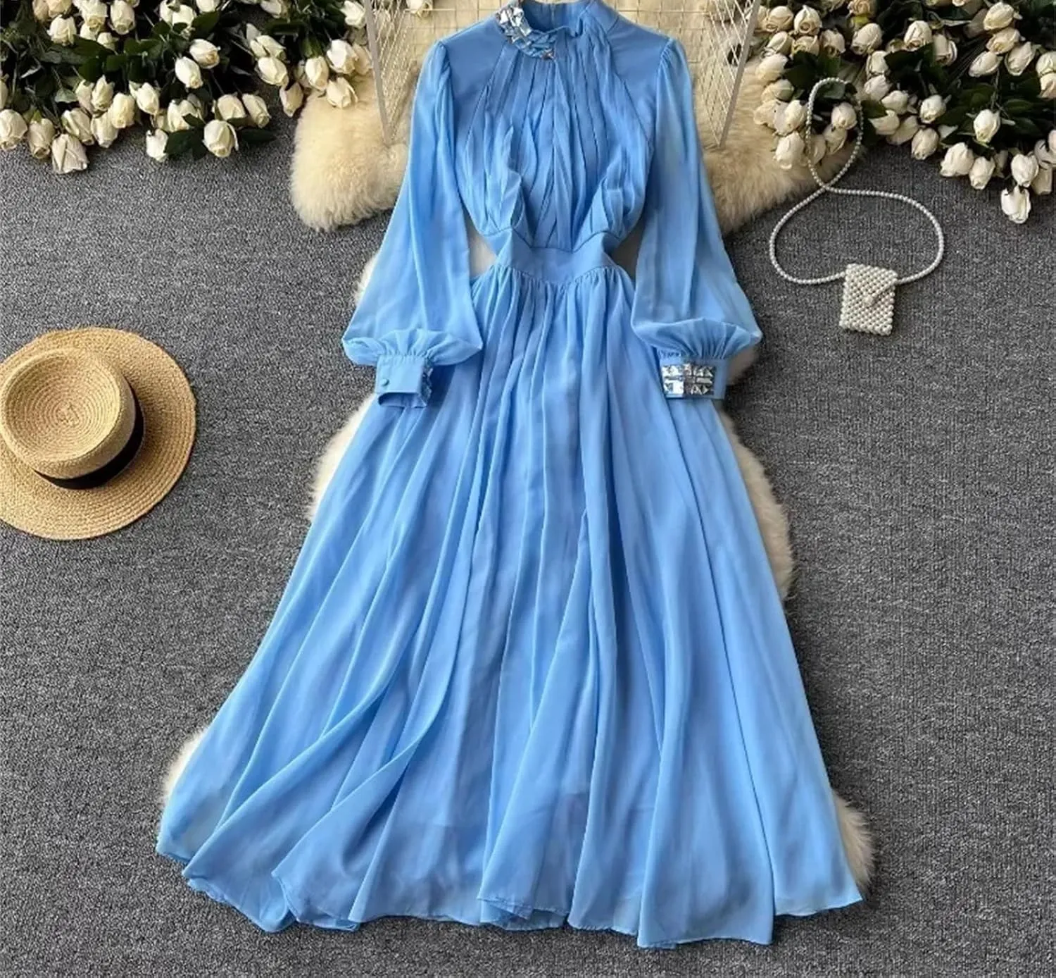 Pleated Big Swing Dress Stand Collar Lantern Long Sleeve Women Dresses