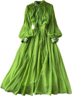Pleated Big Swing Dress Stand Collar Lantern Long Sleeve Women Dresses