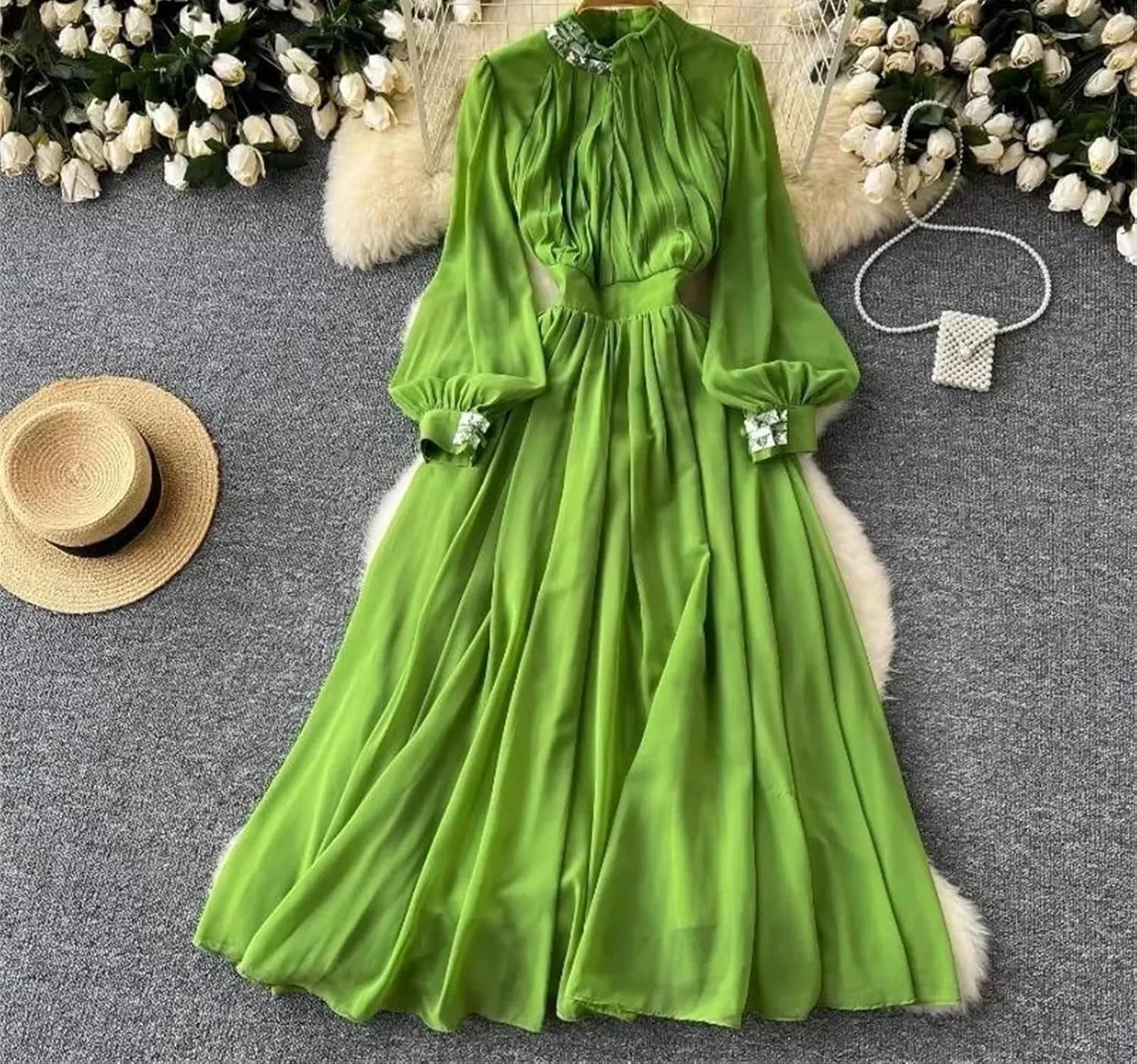 Pleated Big Swing Dress Stand Collar Lantern Long Sleeve Women Dresses