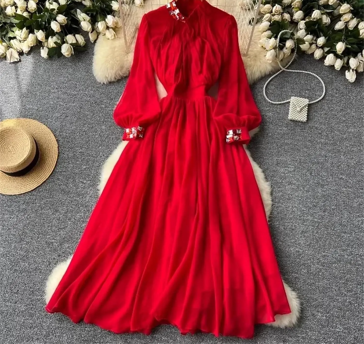 Pleated Big Swing Dress Stand Collar Lantern Long Sleeve Women Dresses