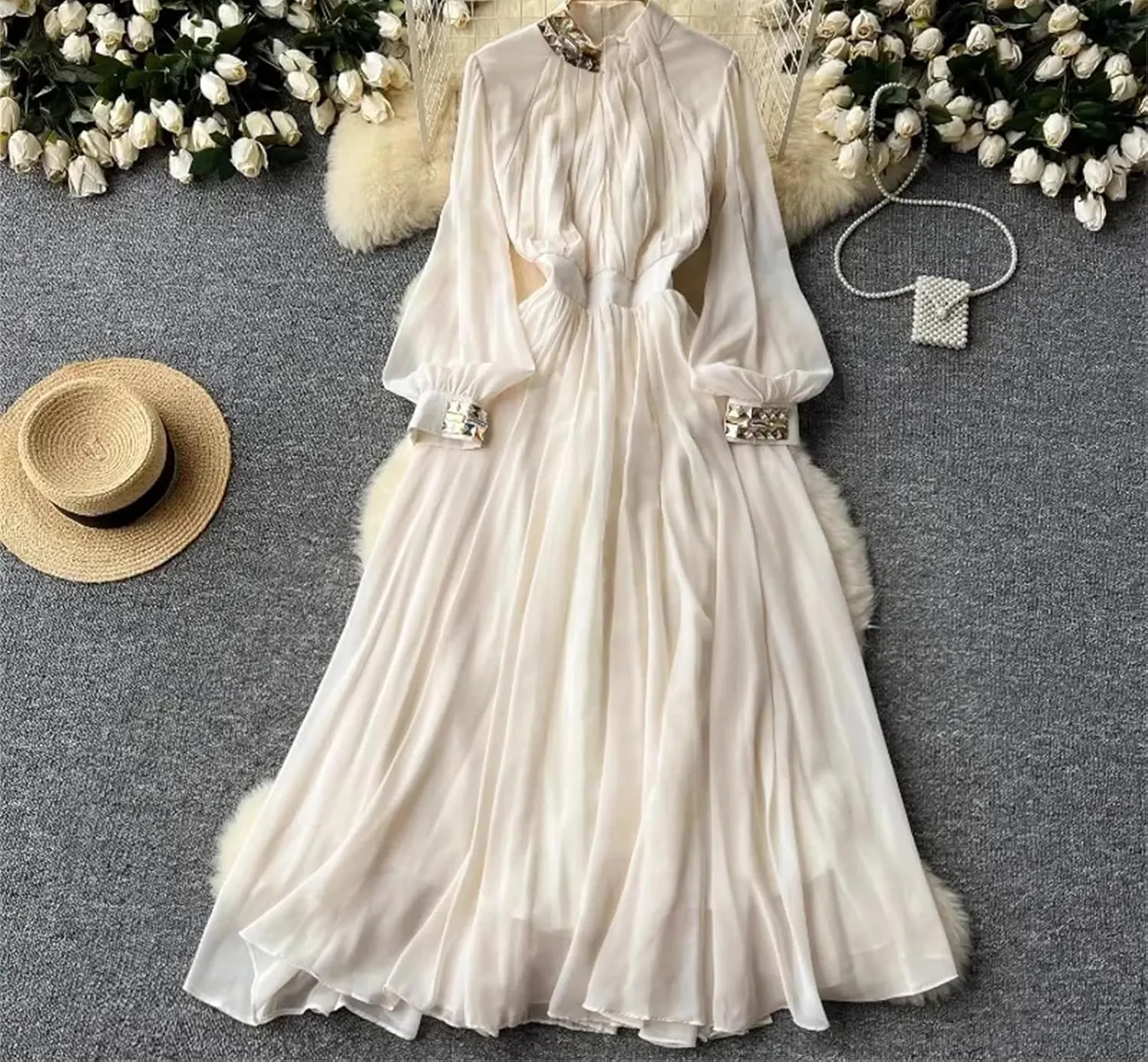 Pleated Big Swing Dress Stand Collar Lantern Long Sleeve Women Dresses