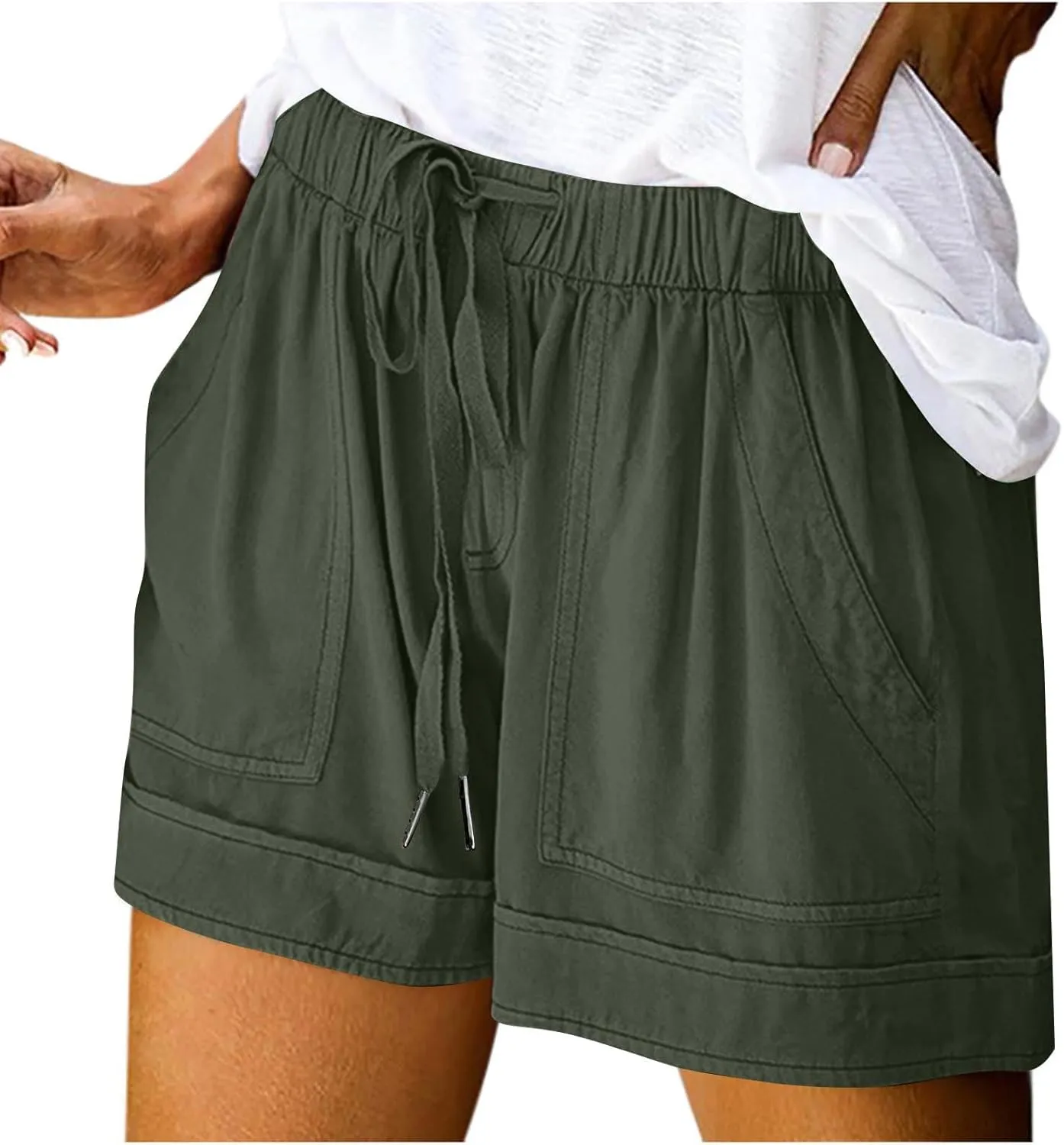 Plus Size Summer Shorts for Women Dressy Casual Elastic Waist Drawstring Cotton Linen Shorts with Pockets