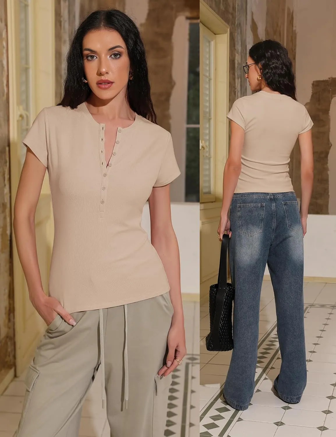 Prettywear Womens 2025 Summer Casual Basic Tops Short Sleeve V Neck Fitted Button Up Henley Shirts