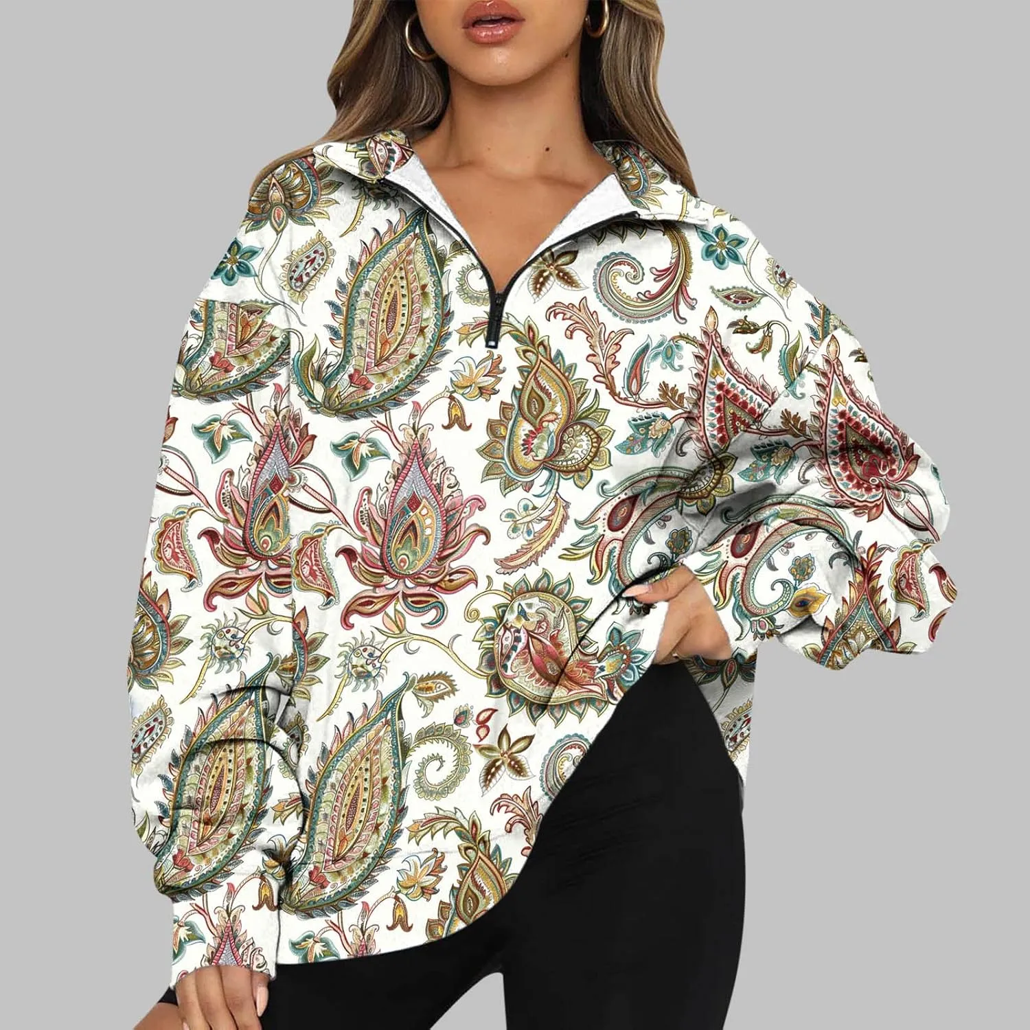 Quarter Zip Sweatshirt Women Plus Size Long Sleeve Ethnic Print Pullover Shirts Causal Vintage Graphic Athletic Tops
