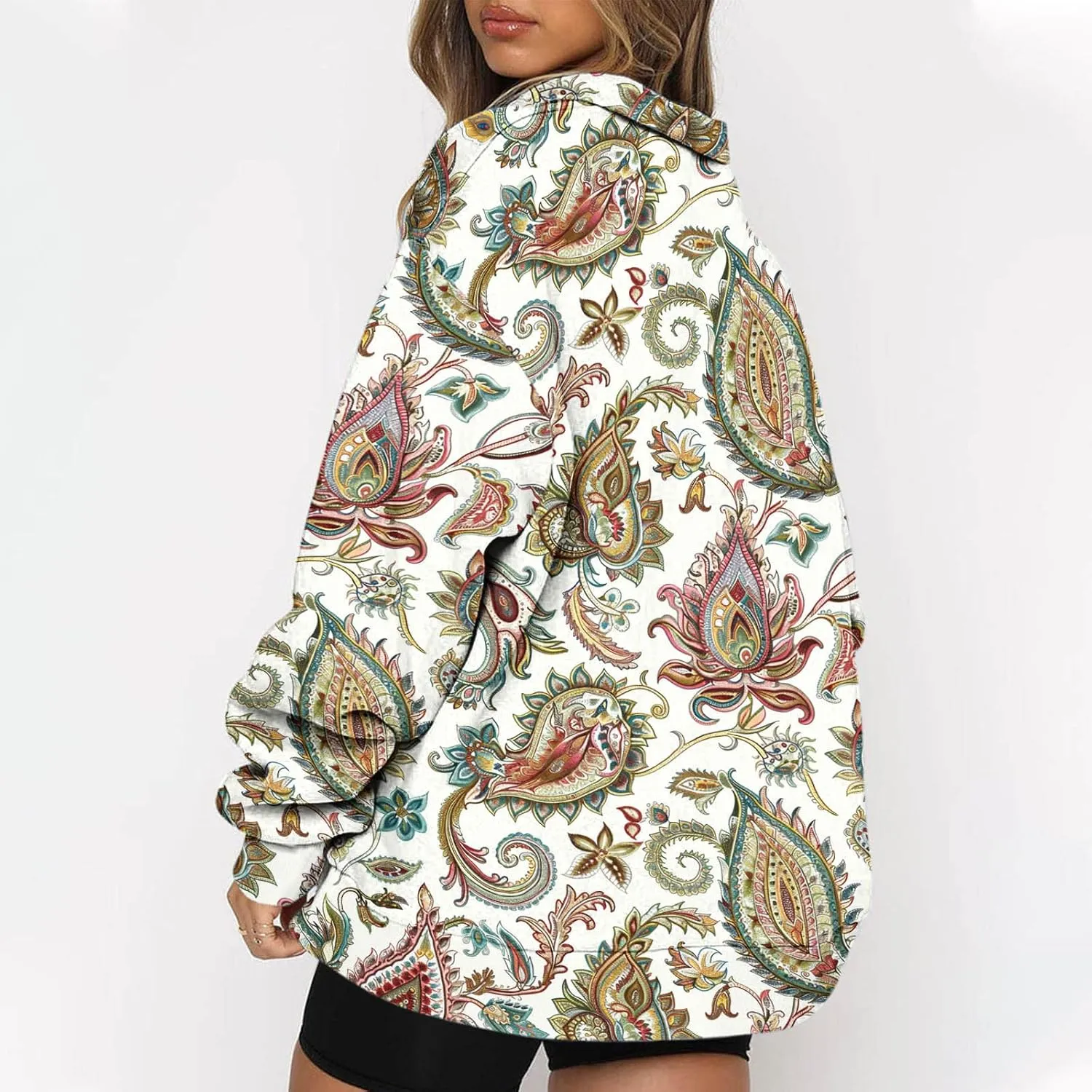 Quarter Zip Sweatshirt Women Plus Size Long Sleeve Ethnic Print Pullover Shirts Causal Vintage Graphic Athletic Tops