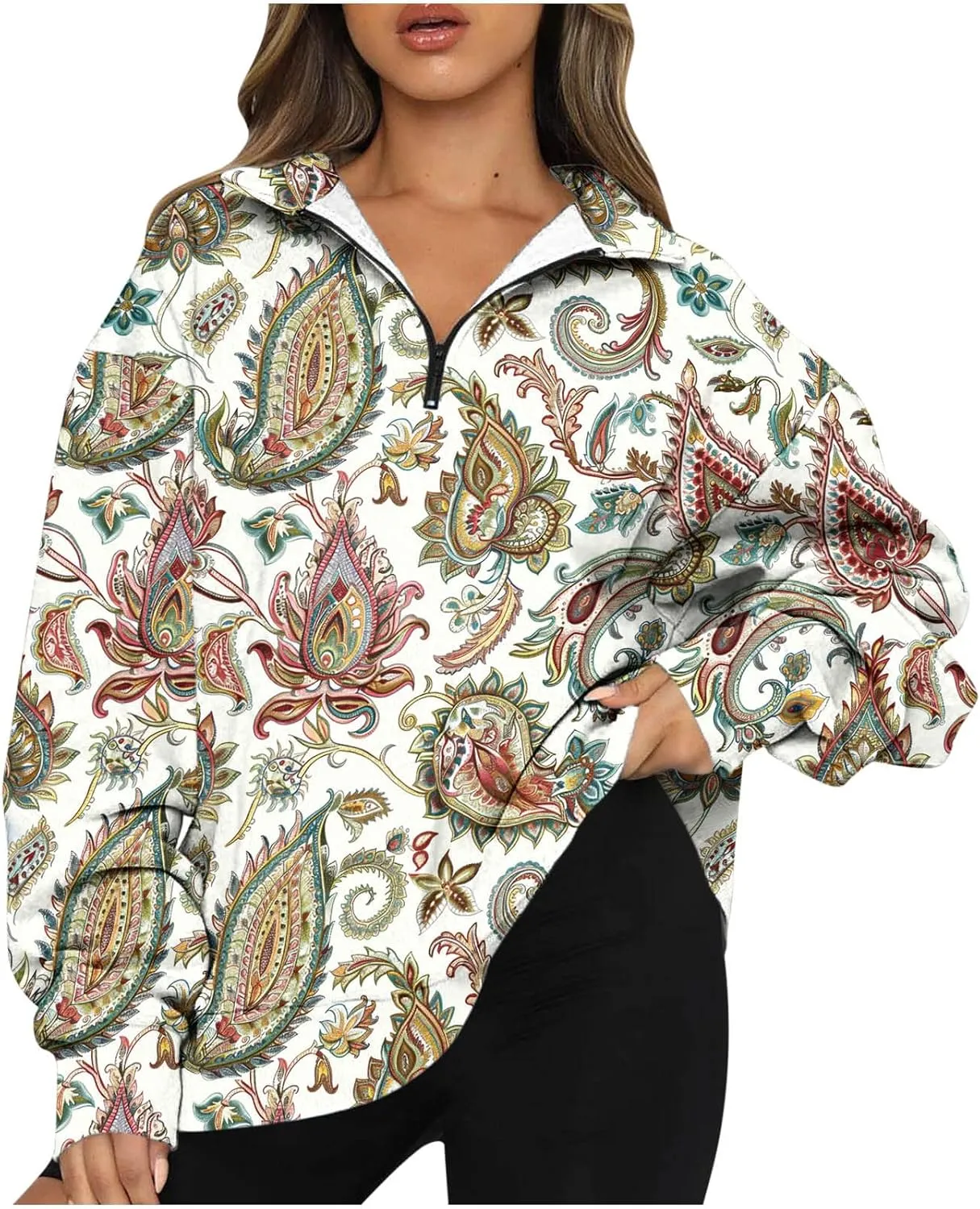 Quarter Zip Sweatshirt Women Plus Size Long Sleeve Ethnic Print Pullover Shirts Causal Vintage Graphic Athletic Tops