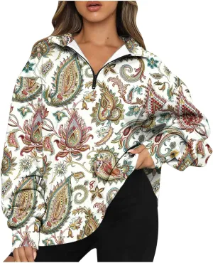 Quarter Zip Sweatshirt Women Plus Size Long Sleeve Ethnic Print Pullover Shirts Causal Vintage Graphic Athletic Tops