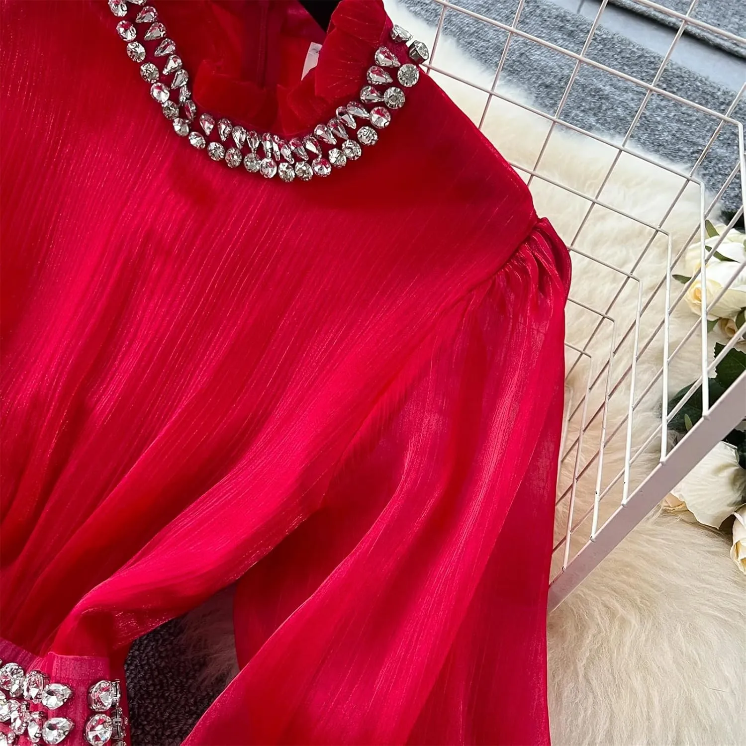 Rhinestone Flare Sleeve Elegant Bodycon Dress Slim Party Club Vintage Dress Korean Fashion Women Clothes
