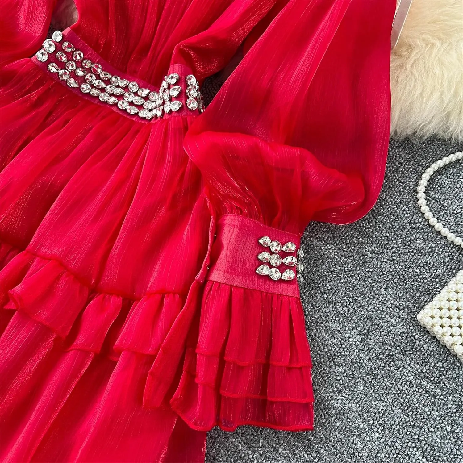 Rhinestone Flare Sleeve Elegant Bodycon Dress Slim Party Club Vintage Dress Korean Fashion Women Clothes