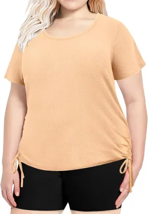 RITERA Plus Size Tops for Women Short Sleeve V Neck Solid Loose Ribbed T Shirts Causual Tunics Summer Tie Dye Blouse XL-5XL