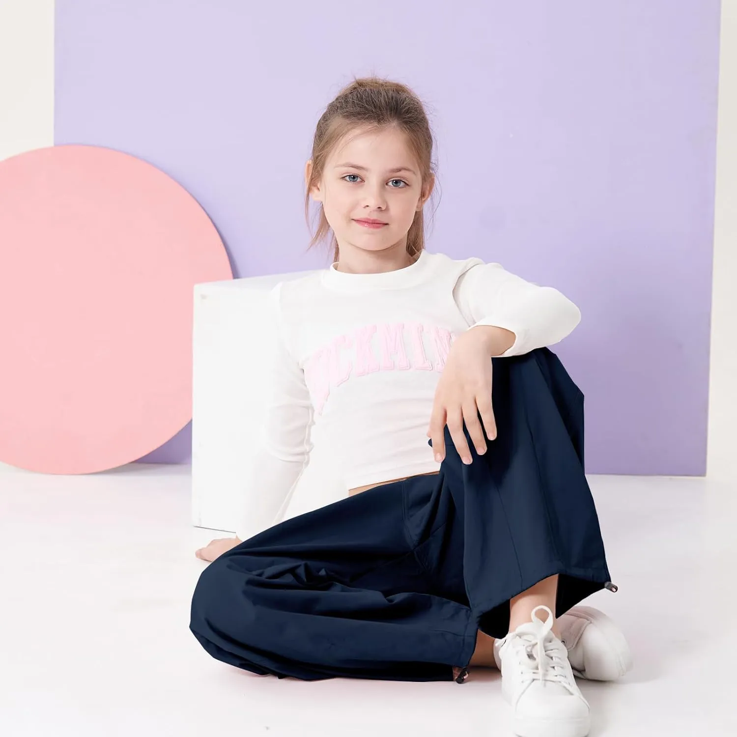 Rolanko Girls Cargo Pants Wide Leg Streetwear Kids Pants with Pockets Trendy Jogger Trousers 4-14 Years