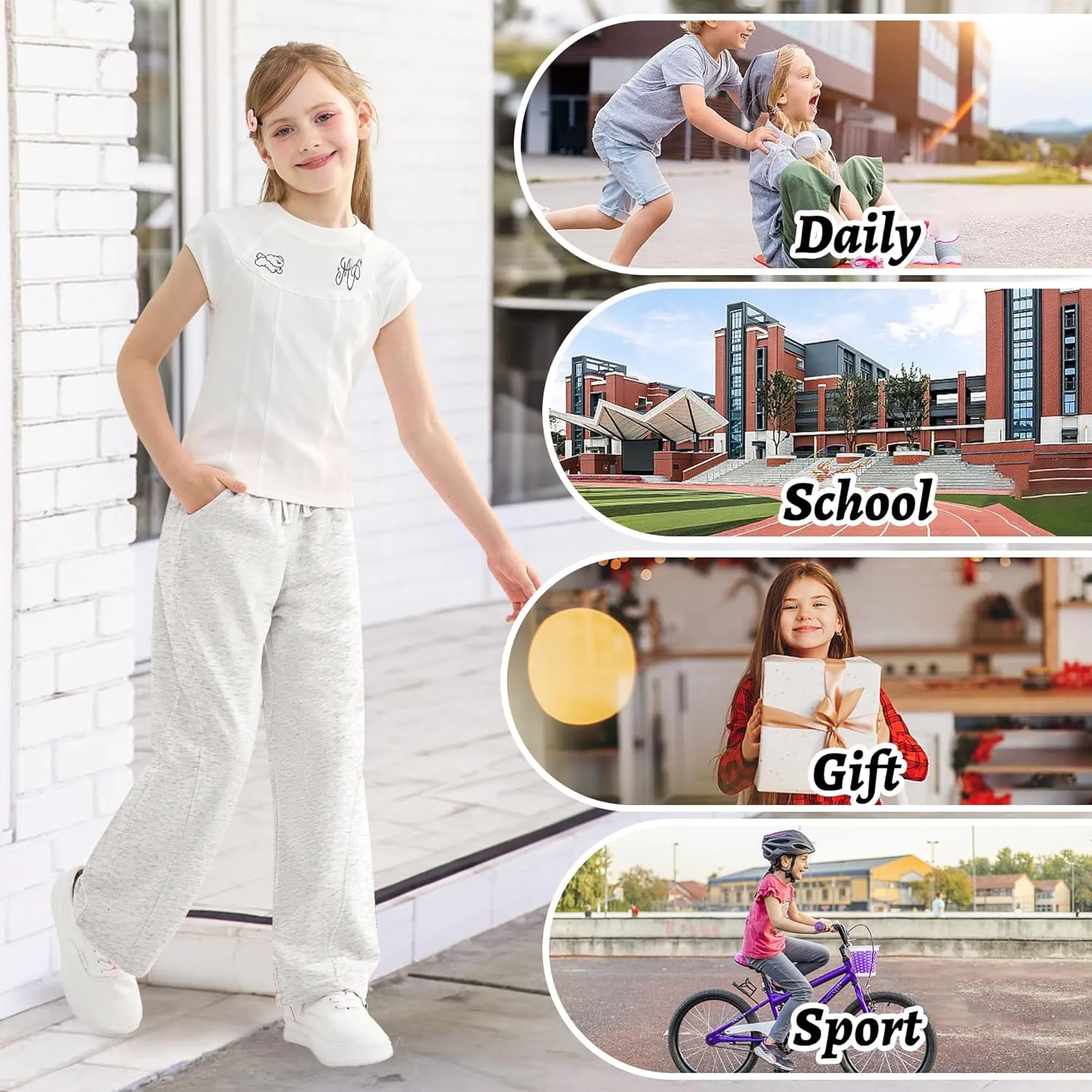 Rolanko Girls Wide Leg Sweatpants Straight Pants for Kids Girls Trousers with Pockets Sweats