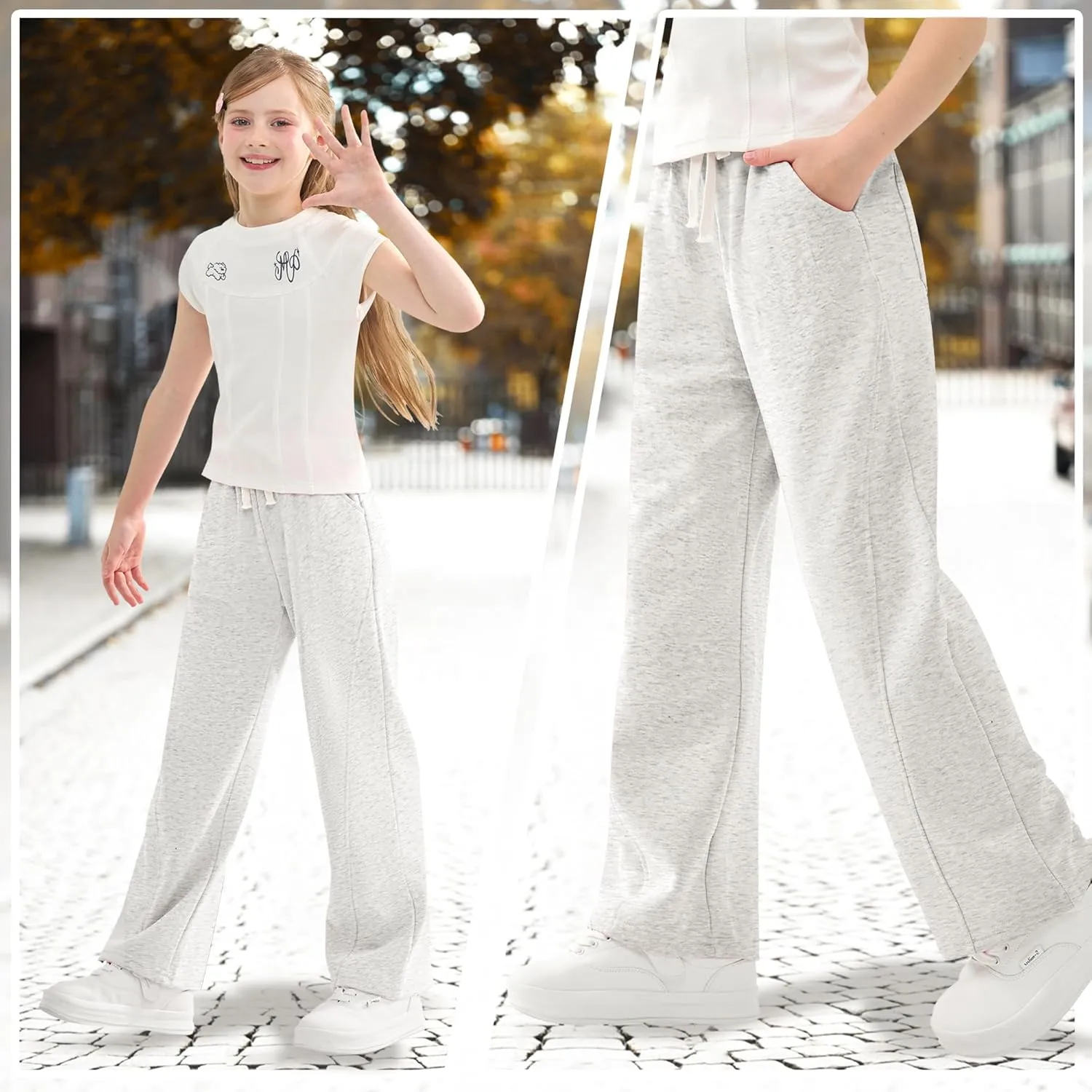Rolanko Girls Wide Leg Sweatpants Straight Pants for Kids Girls Trousers with Pockets Sweats