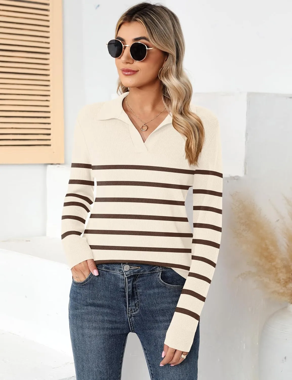 Romanstii Women's Knitted Collared Sweaters Long Sleeve V-Neck Polo Shirts Winter Pullover Tops